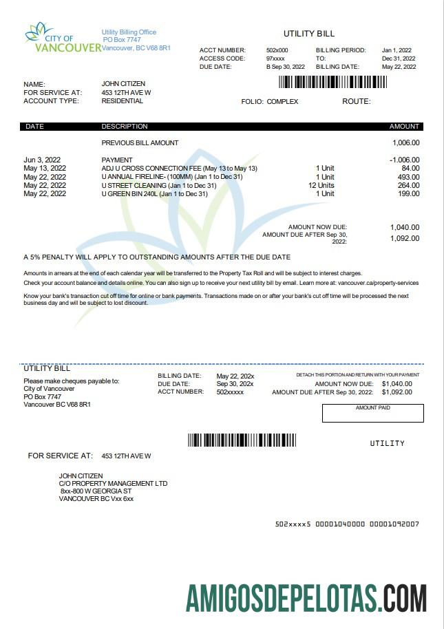 realista Modelo de conta de serviços públicos da cidade de Vancouver, Colúmbia Britânica, Canadá, em formato Word e PDF